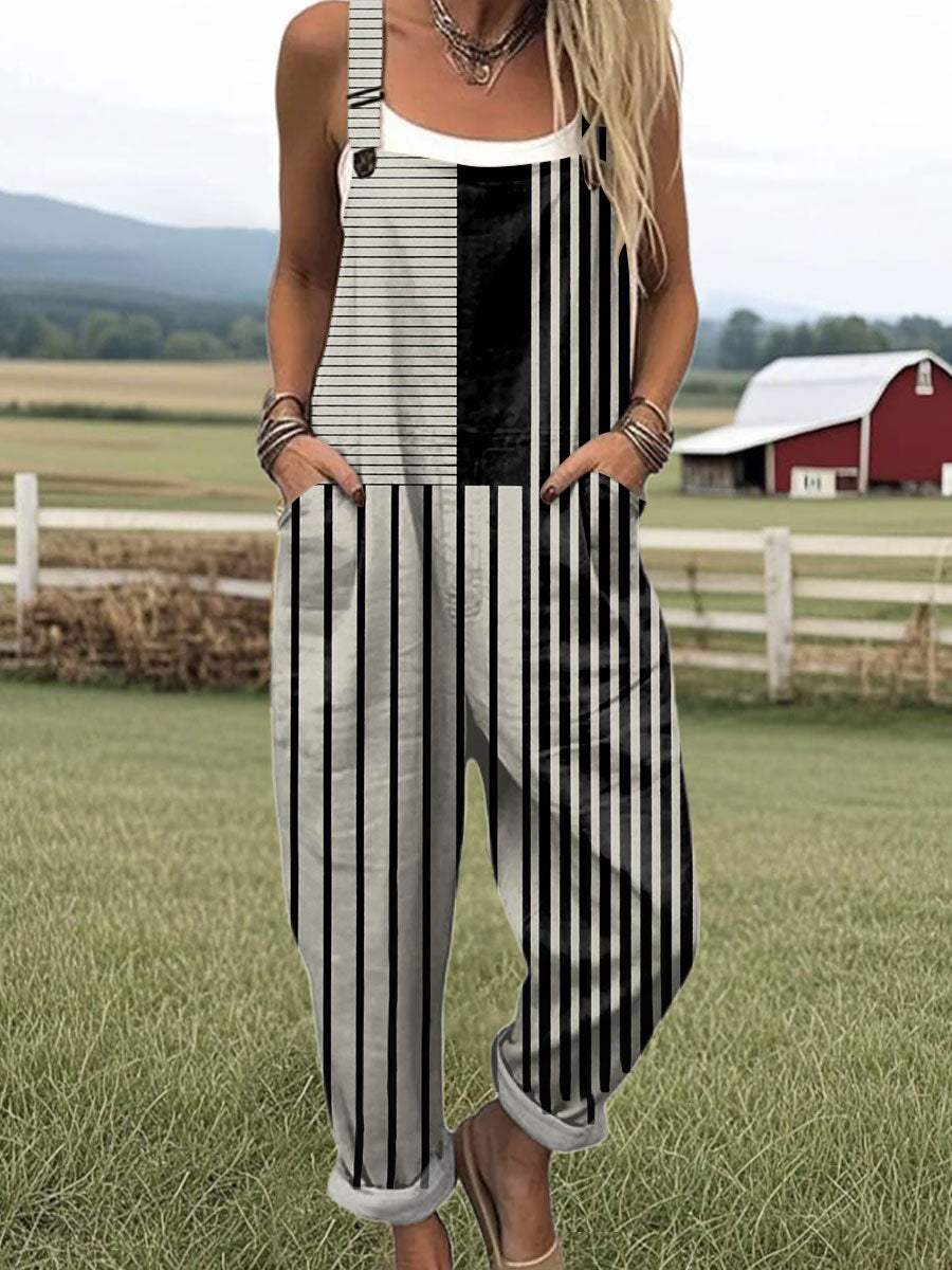 Women's  Vintage Abstract Geometric Art Printed Casual 100% Cotton Wide Leg Jumpsuit