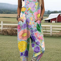 Women's Beautiful Colorful Large Flower Painting Art Print Casual 100% Cotton Wide Leg Jumpsuit