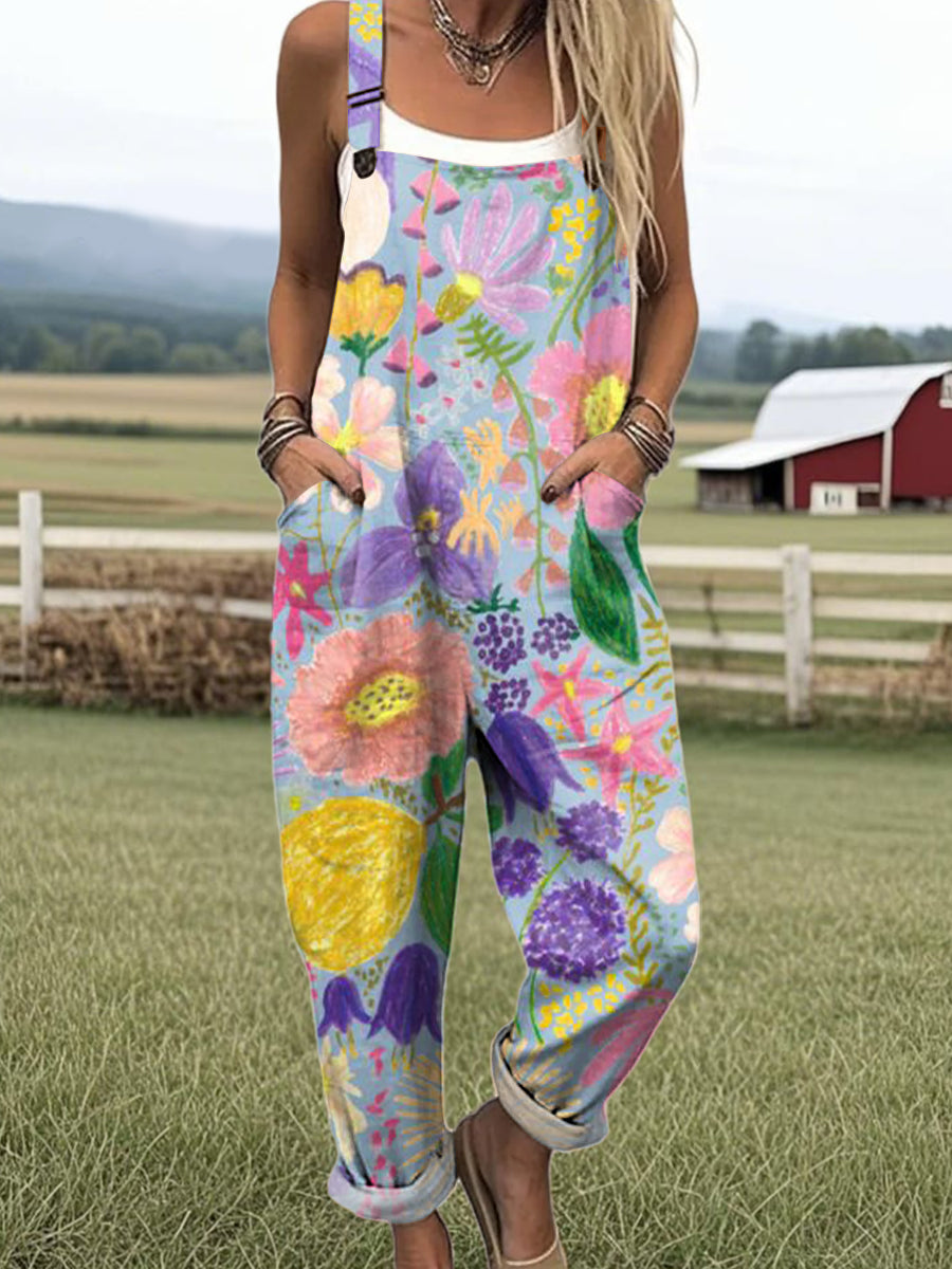 Women's Beautiful Colorful Large Flower Painting Art Print Casual 100% Cotton Wide Leg Jumpsuit