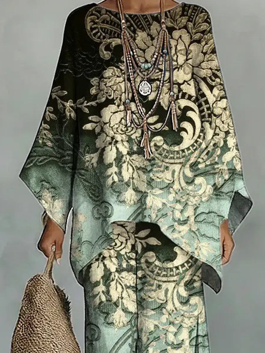 Women's Vintage Ethnic Floral Art Comfortable Loose Cotton Linen Wide-leg Pants Two-piece Set