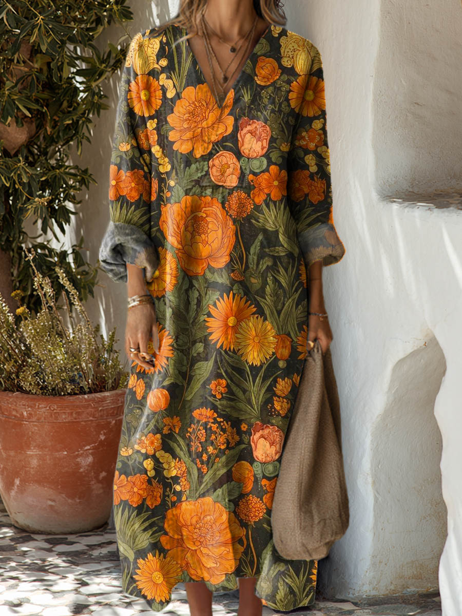 Women's Vintage Floral Pattern Art Print Cotton Dress