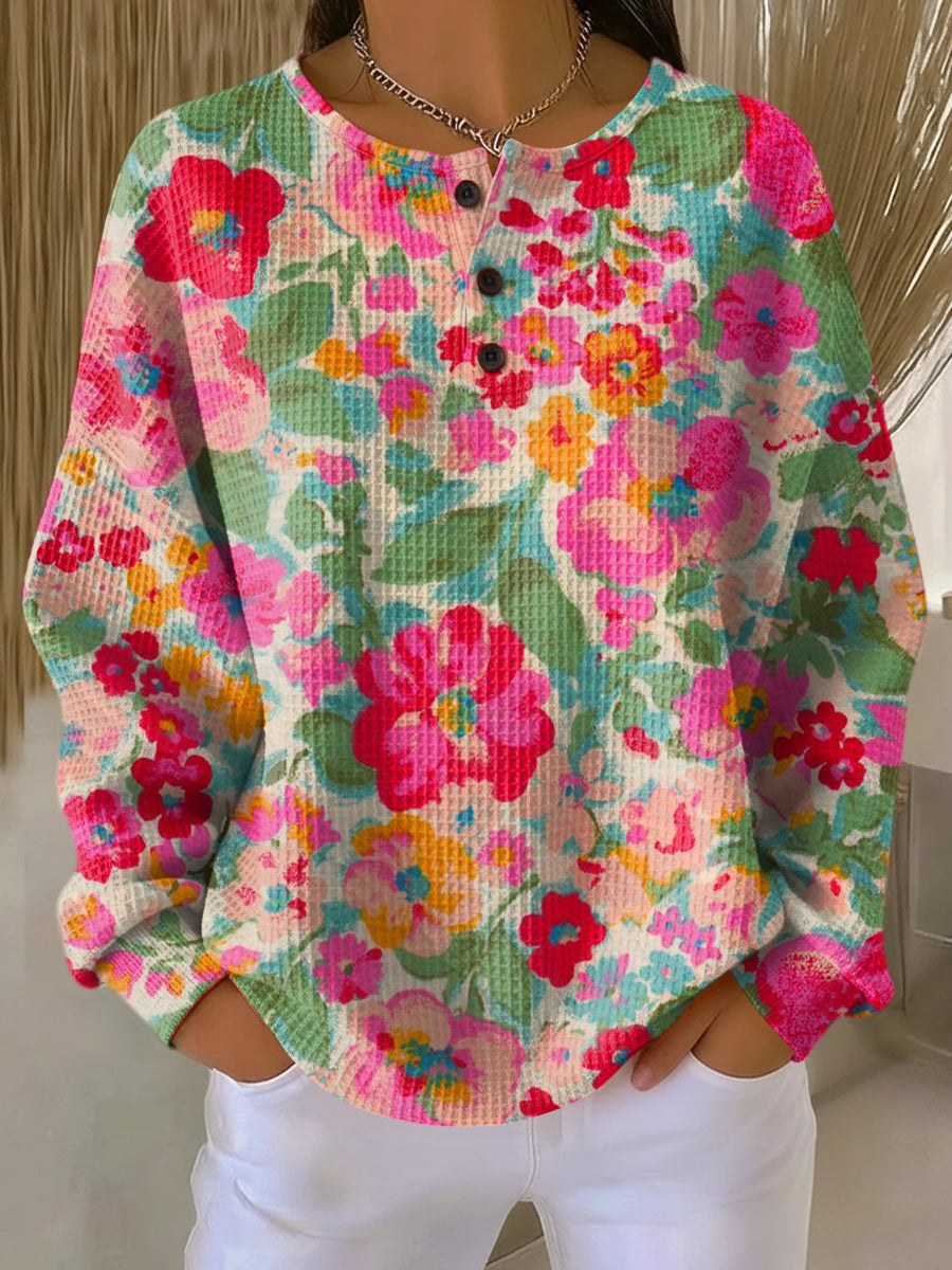 Women's Beautiful Colorful Floral Painting Art Print Casual Cotton Shirt