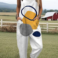 Women's  Vintage Abstract Geometric Art Print Casual 100% Cotton Wide Leg Jumpsuit