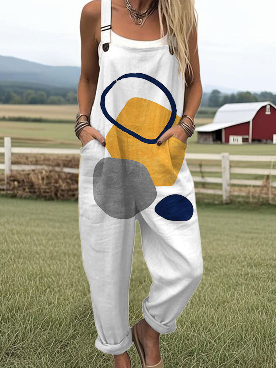 Women's  Vintage Abstract Geometric Art Print Casual 100% Cotton Wide Leg Jumpsuit