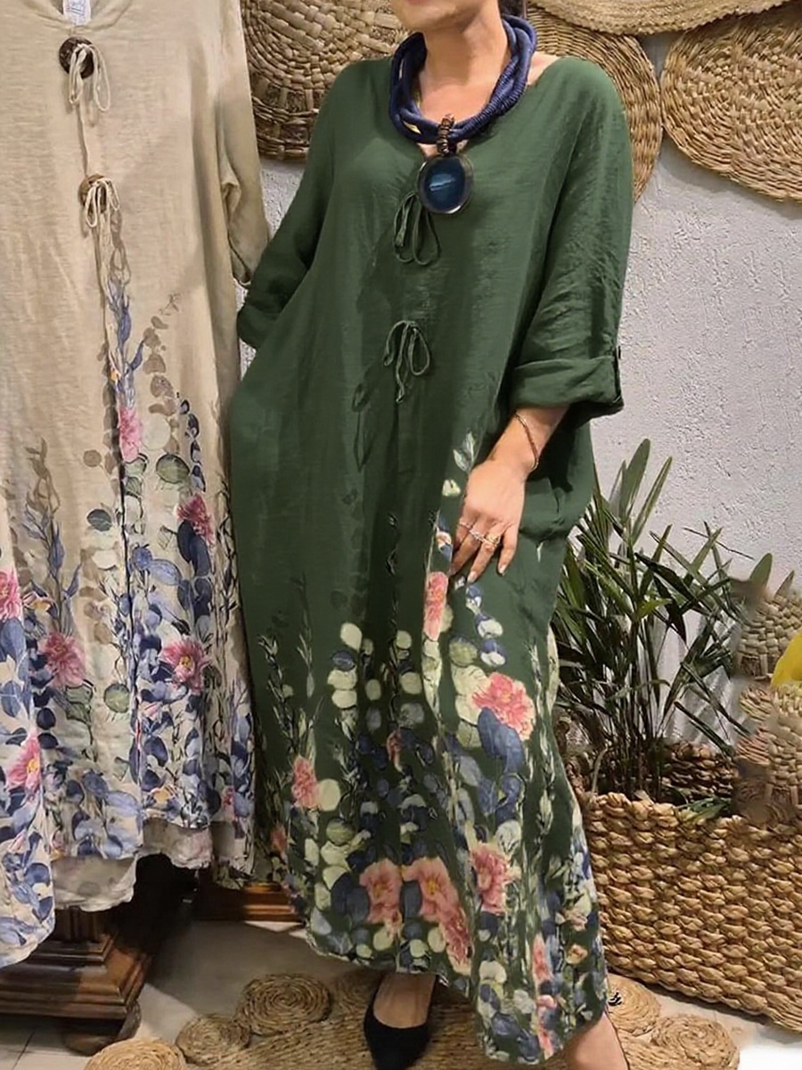 Women's Flower Bouquet Print Loose Linen Dress