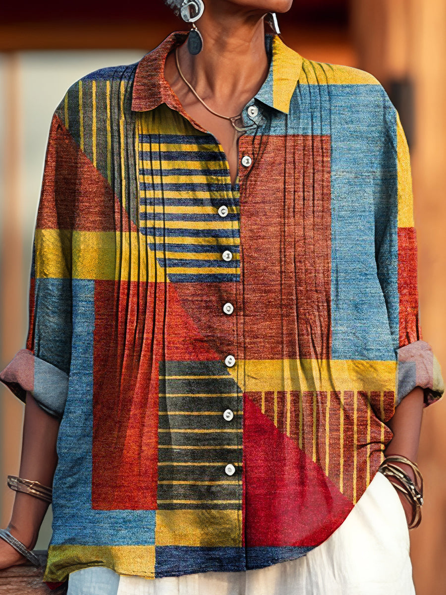Women's Vintage Multicolor Geometric Check Art Print Casual Cotton And Linen Ruffle Shirt