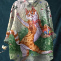 Women's Cat Art Print Casual Cotton And Linen Shirt