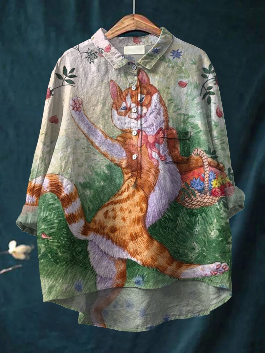 Women's Cat Art Print Casual Cotton And Linen Shirt