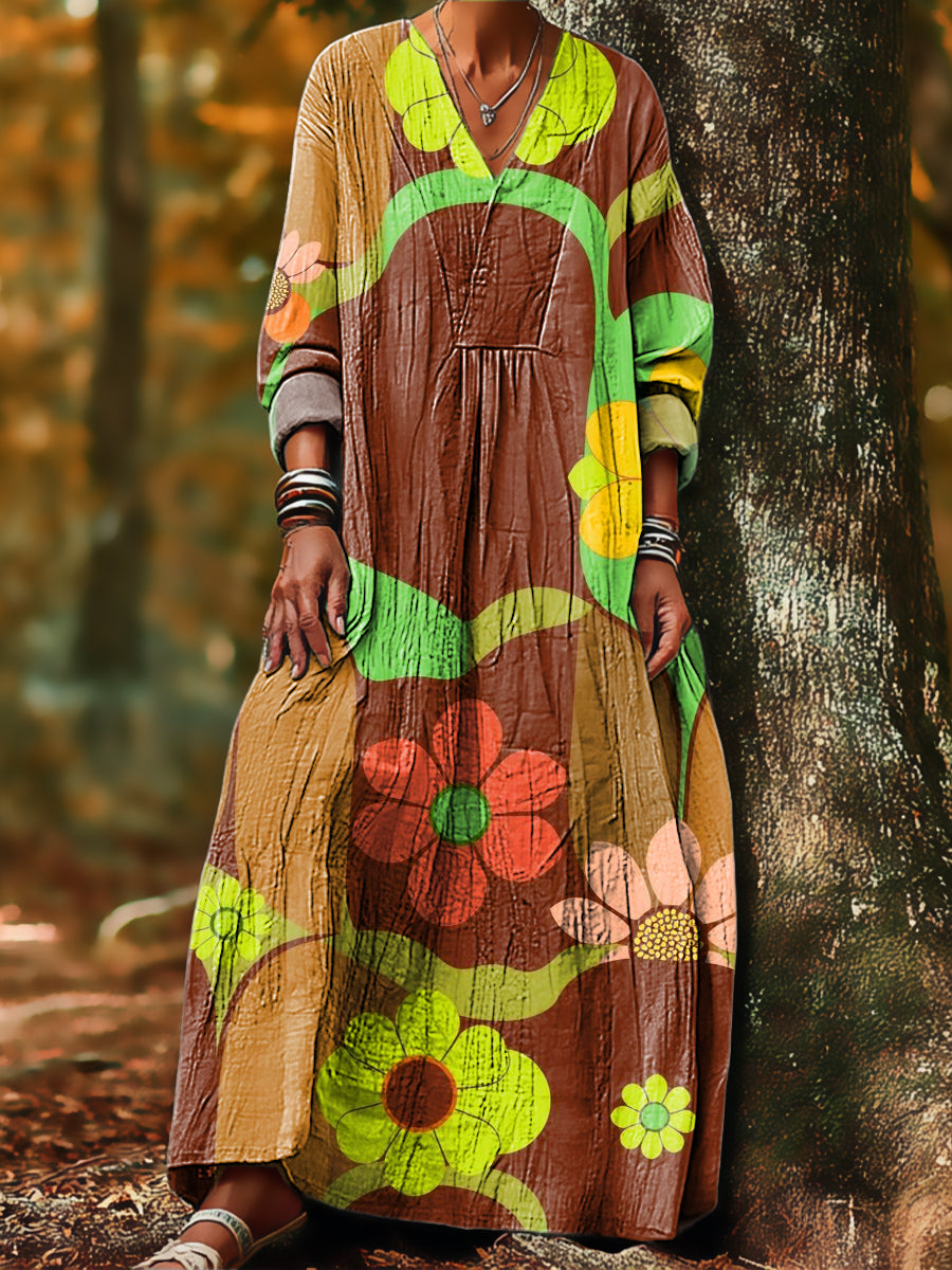 Women's Vintage Abstract Large Flower Painting Art Print Dress