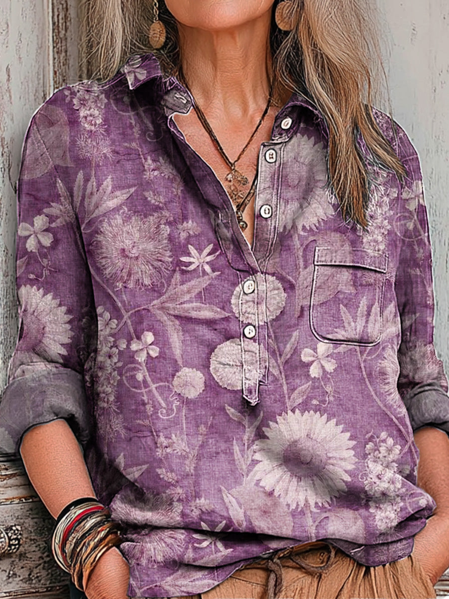 Women's Vintage Ethnic Floral Painting Art Print Casual Cotton And Linen Shirt