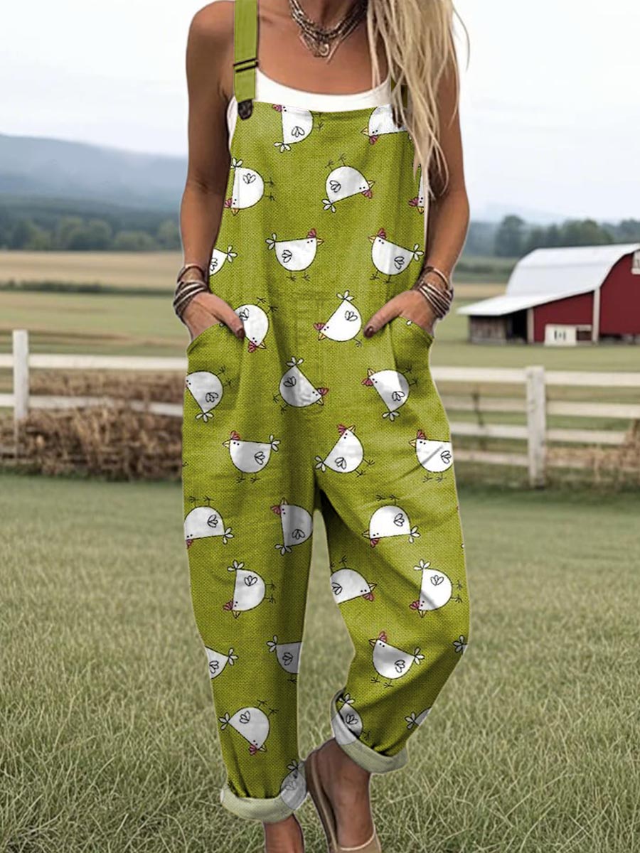 Women's Lovely Chicken Pattern Art Print Casual 100% Cotton Wide Leg Jumpsuit