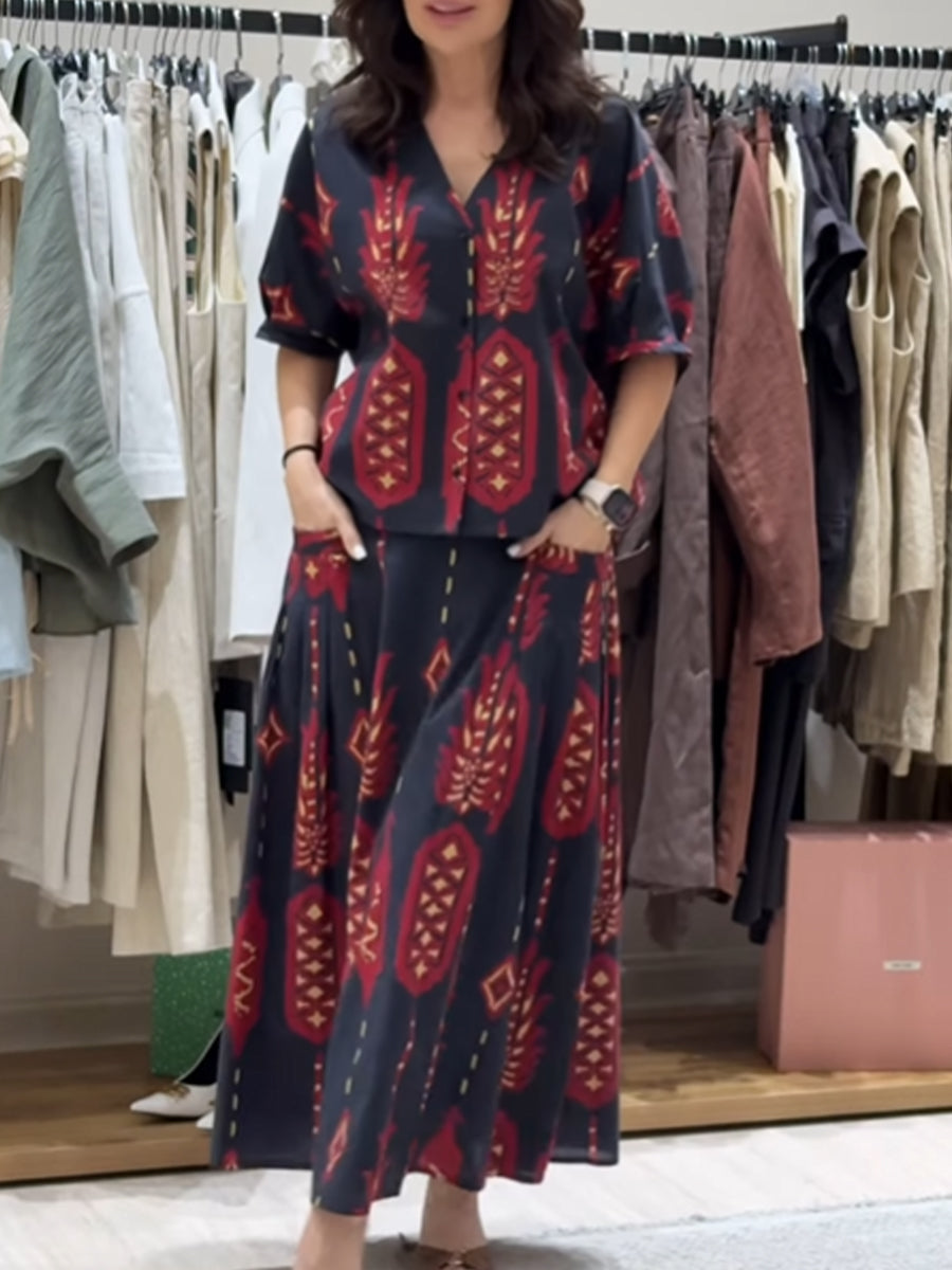 Women's Casual Printed Cotton and Linen Top and Skirt Set