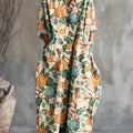 Women's Vintage Ethnic Floral Art Print Pocket V-neck Cotton Dress