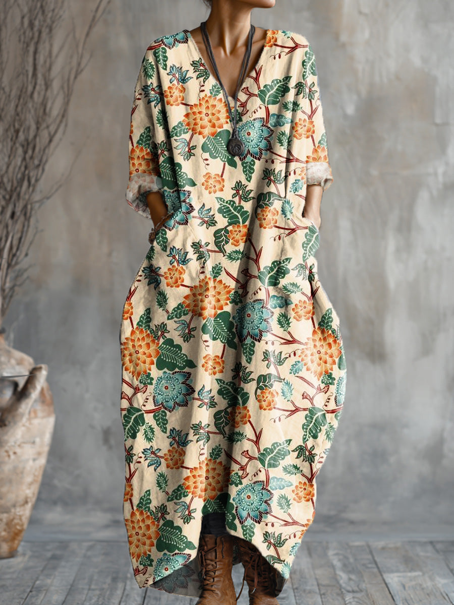 Women's Vintage Ethnic Floral Art Print Pocket V-neck Cotton Dress