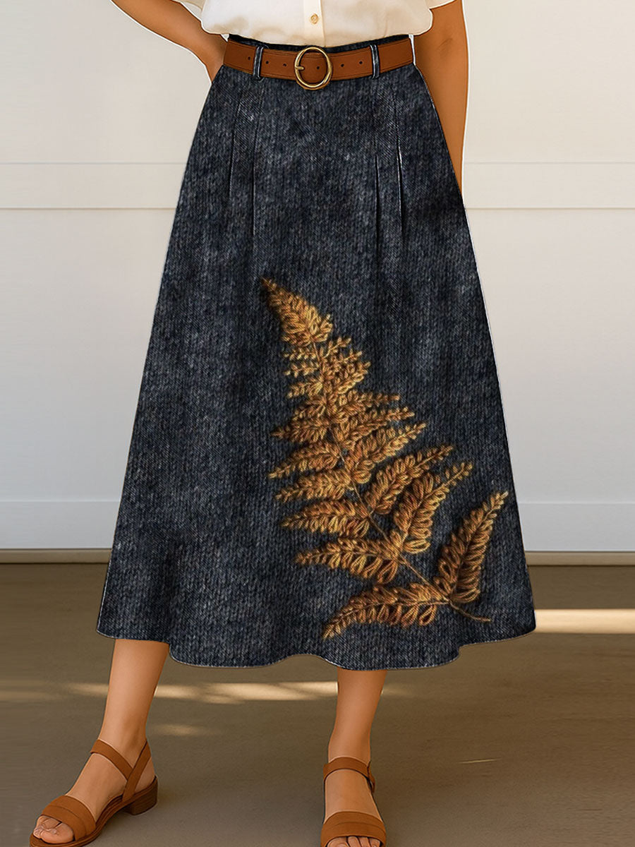 Women's Retro Leaf Print High Waist Casual A-Line Skirt