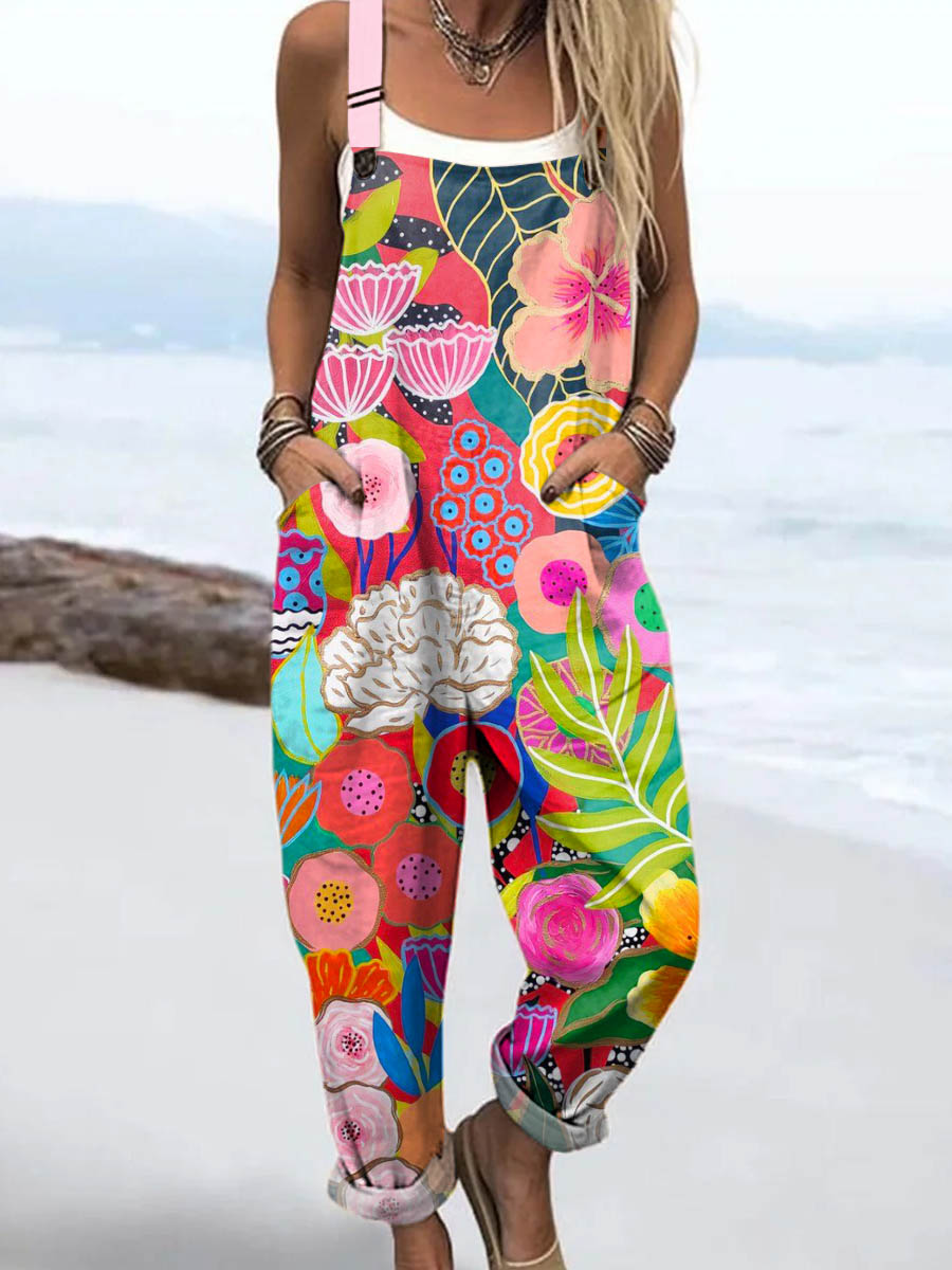 Women's Floral Art Print Casual 100% Cotton Wide Leg Jumpsuit