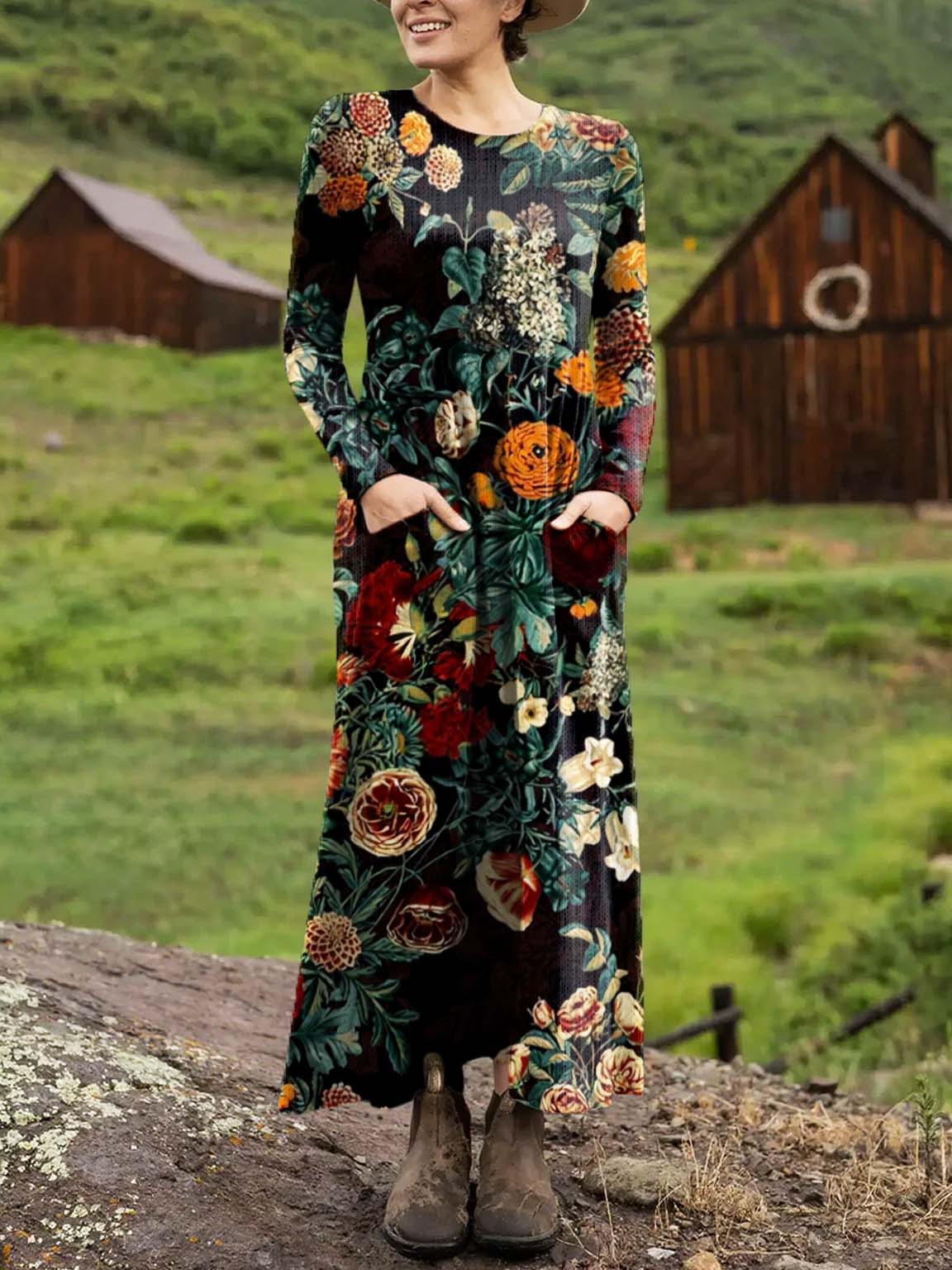 Women's Retro Floral Pattern Art Print Long-sleeved Dress