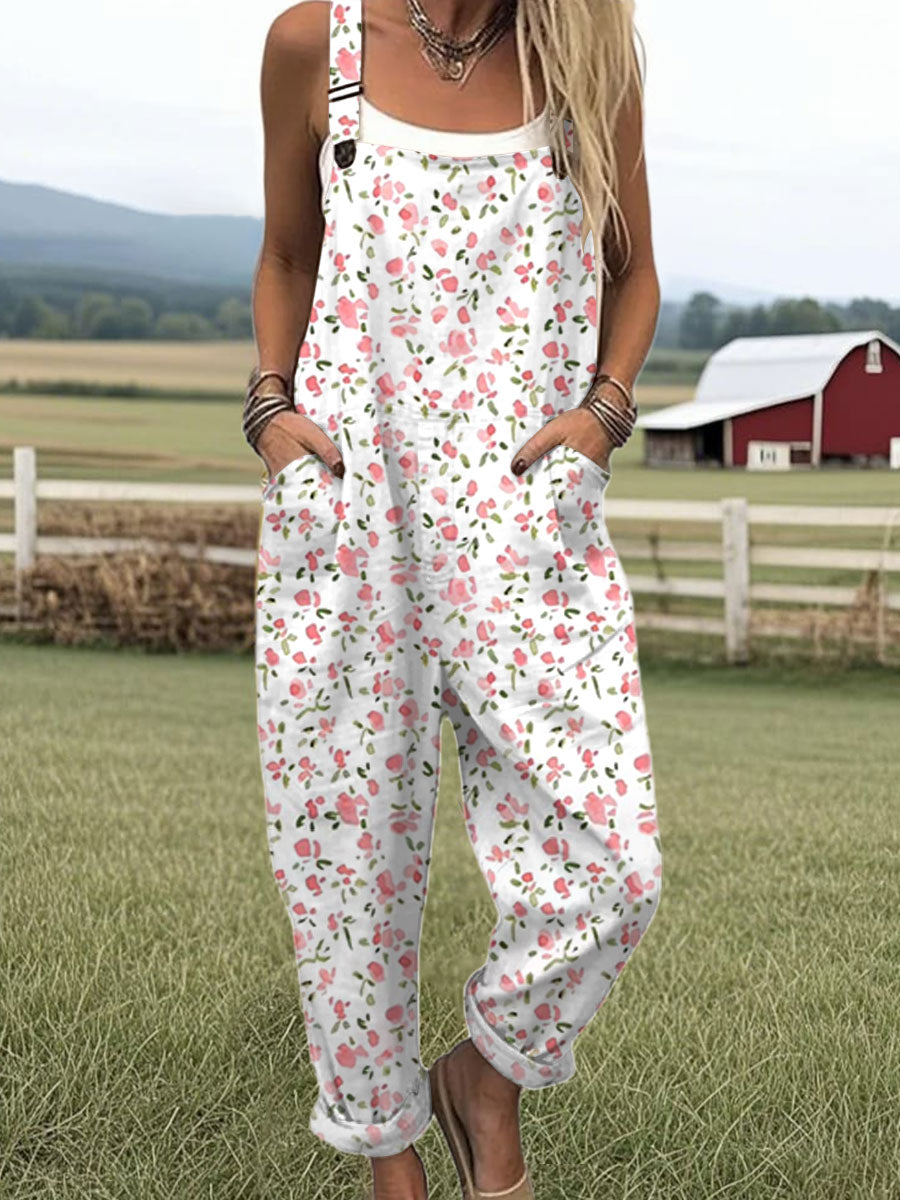 Women's  Vintage Flower Art Print Casual 100% Cotton Wide Leg Jumpsuit