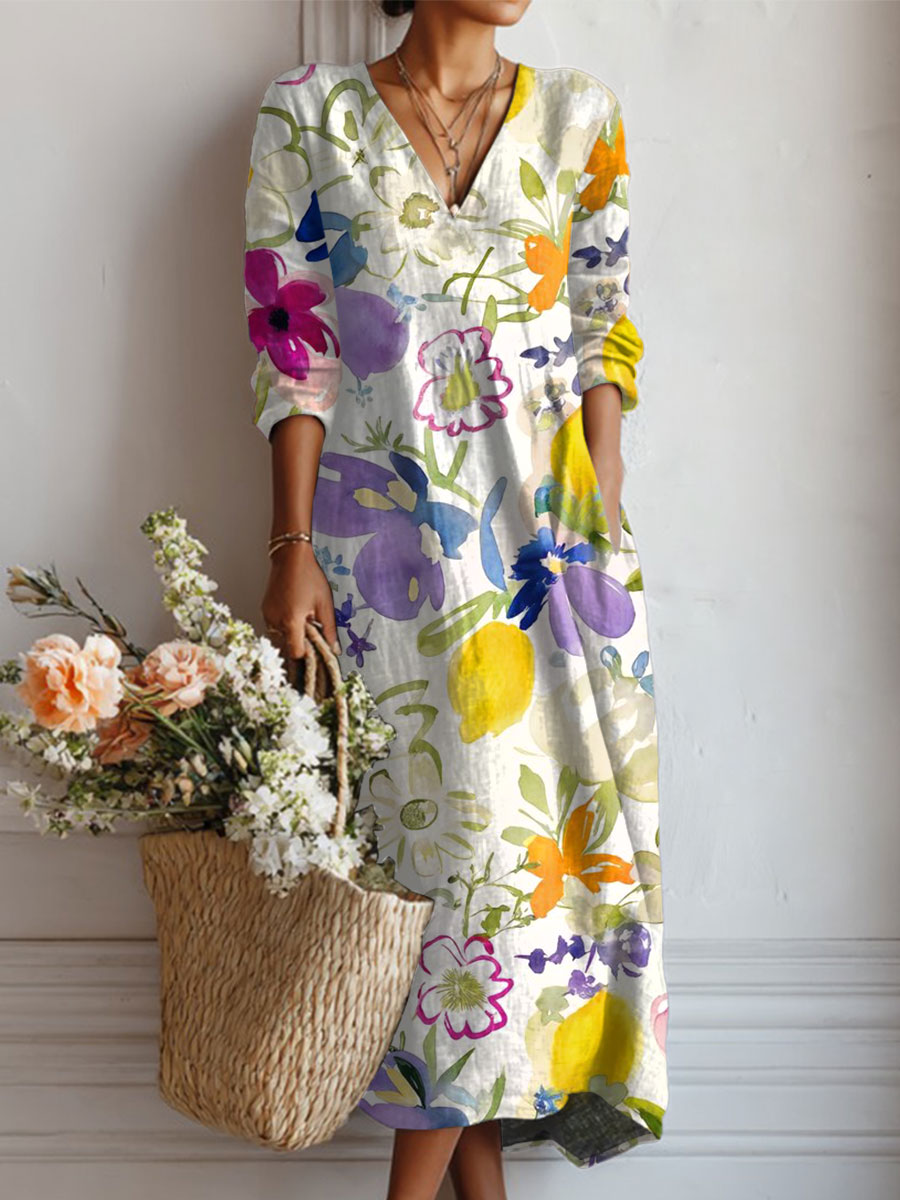 Women's Vintage Flower Art Print Linen Pocket Tunic Dress