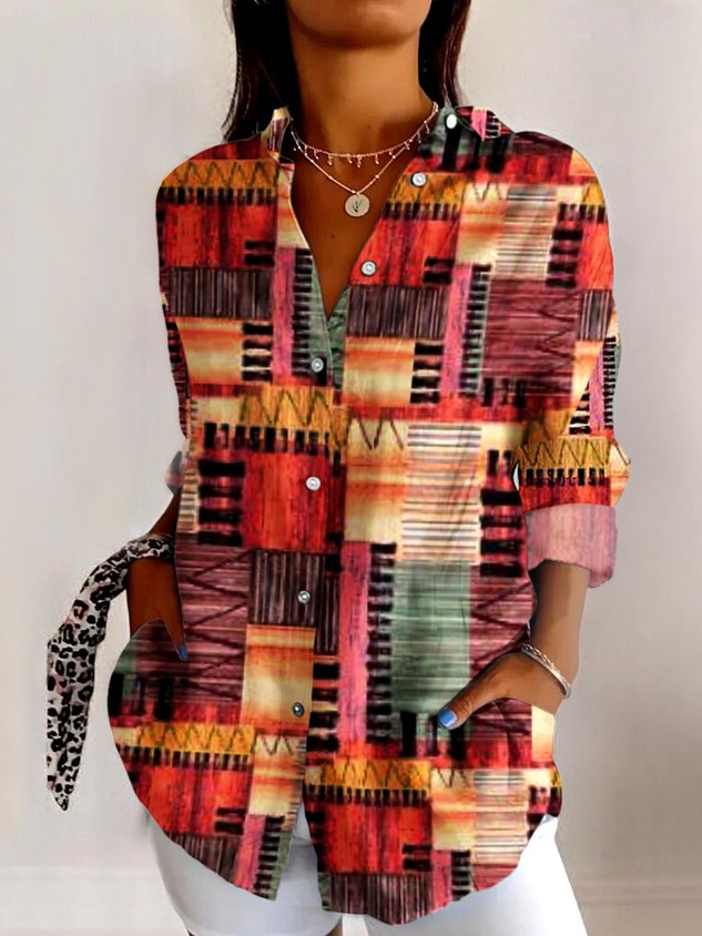 V Neck Long Sleeve Geometric Regular Micro-Elasticity Regular Fit Shirt For Women