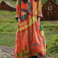 Women's Vintage  Embroidery Bird Floral Art  Print Pocket V-neck Cotton Dress
