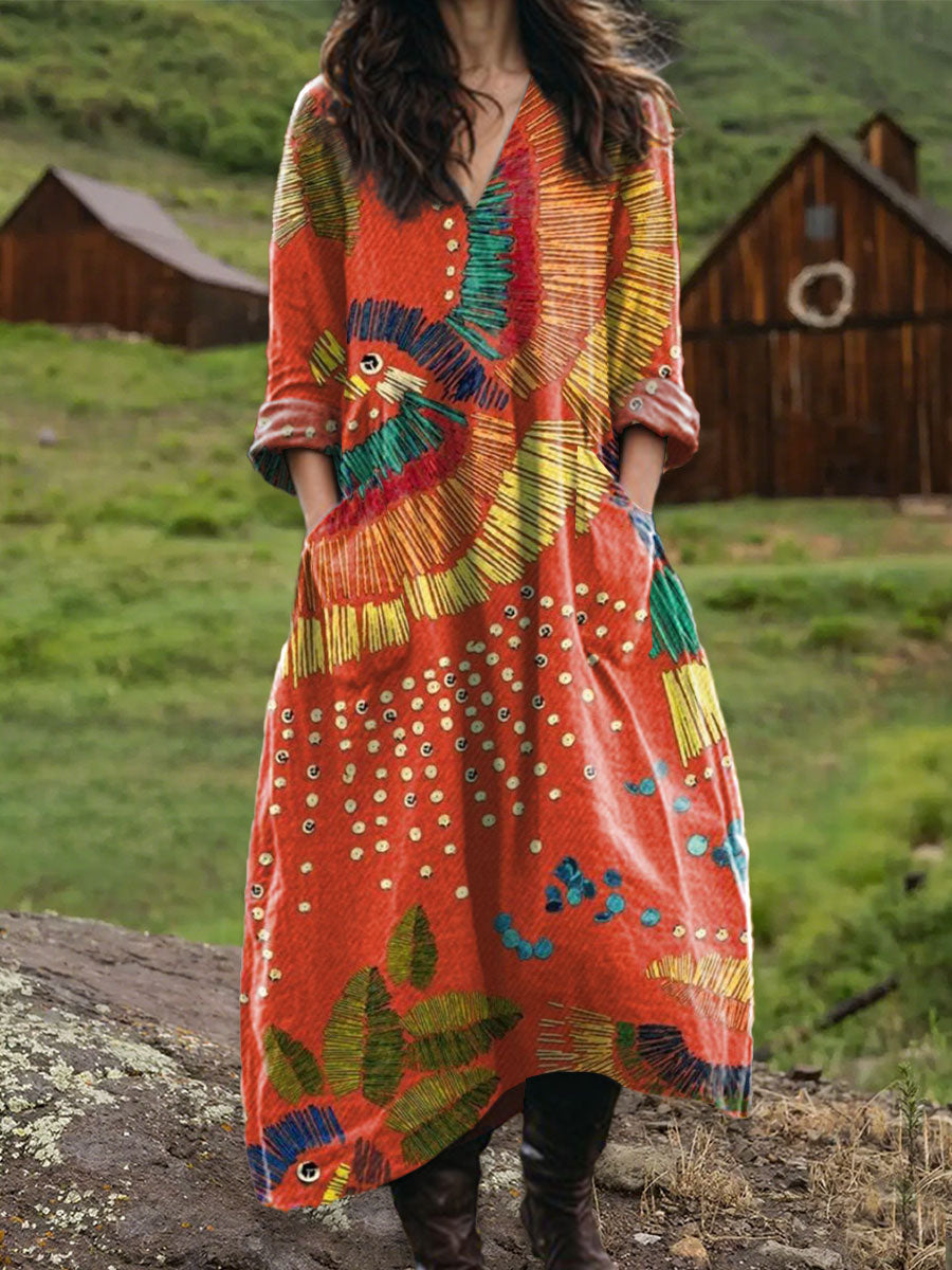 Women's Vintage  Embroidery Bird Floral Art  Print Pocket V-neck Cotton Dress