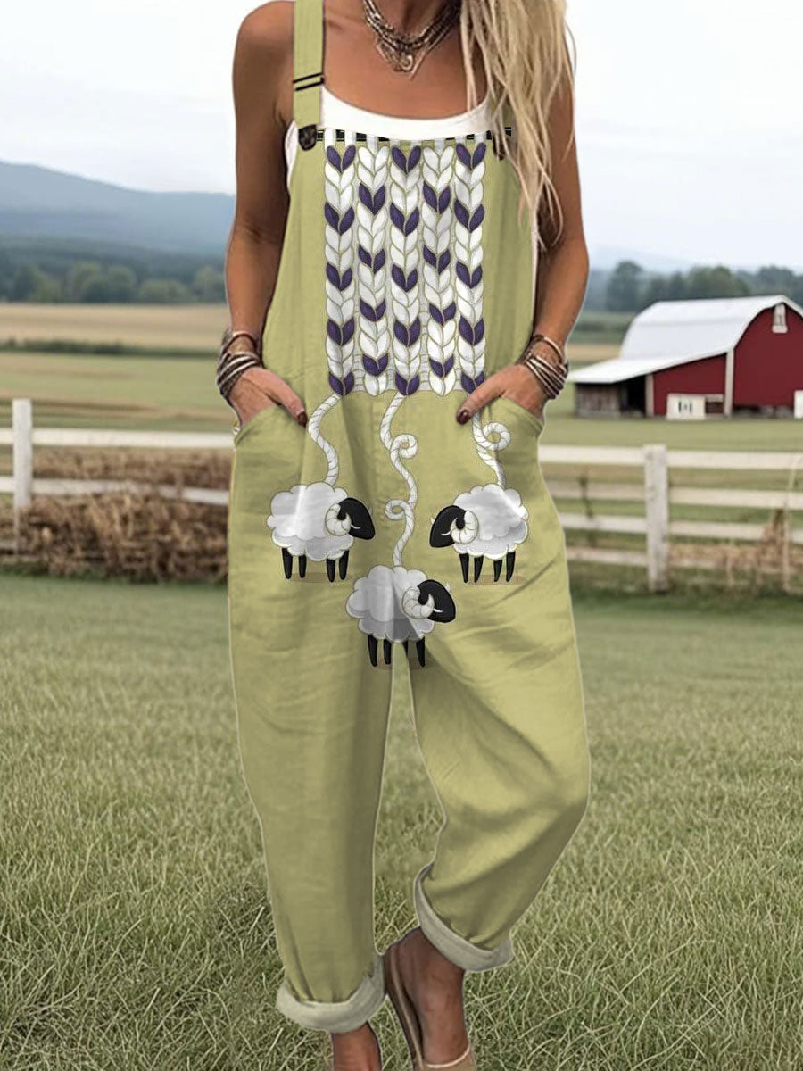 Women's  Funny Sheep Art Print Casual 100% Cotton Wide Leg Jumpsuit