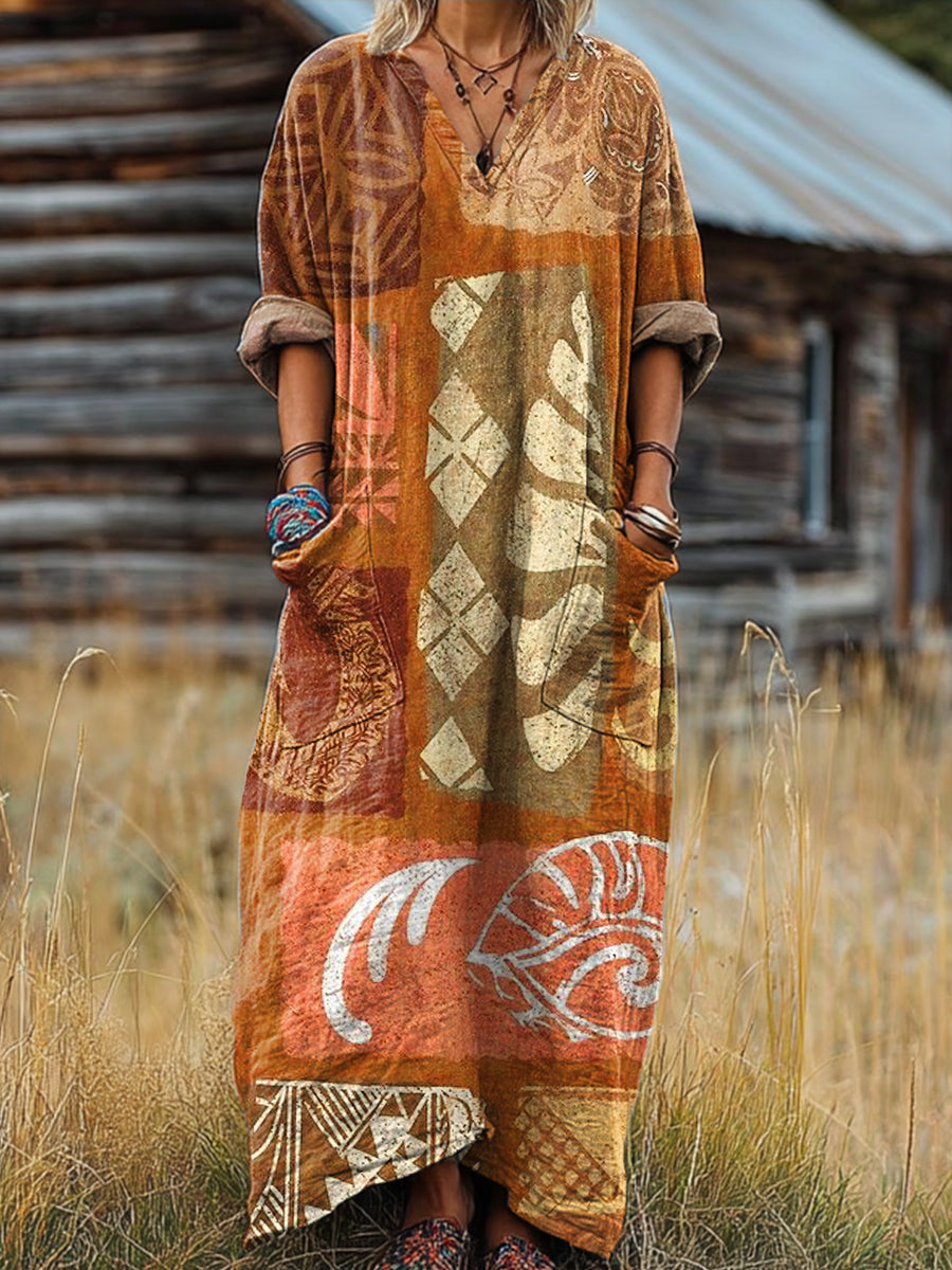 Women's Vintage Ethnic Totem Painting Art Print Pocket V-neck Cotton Dress