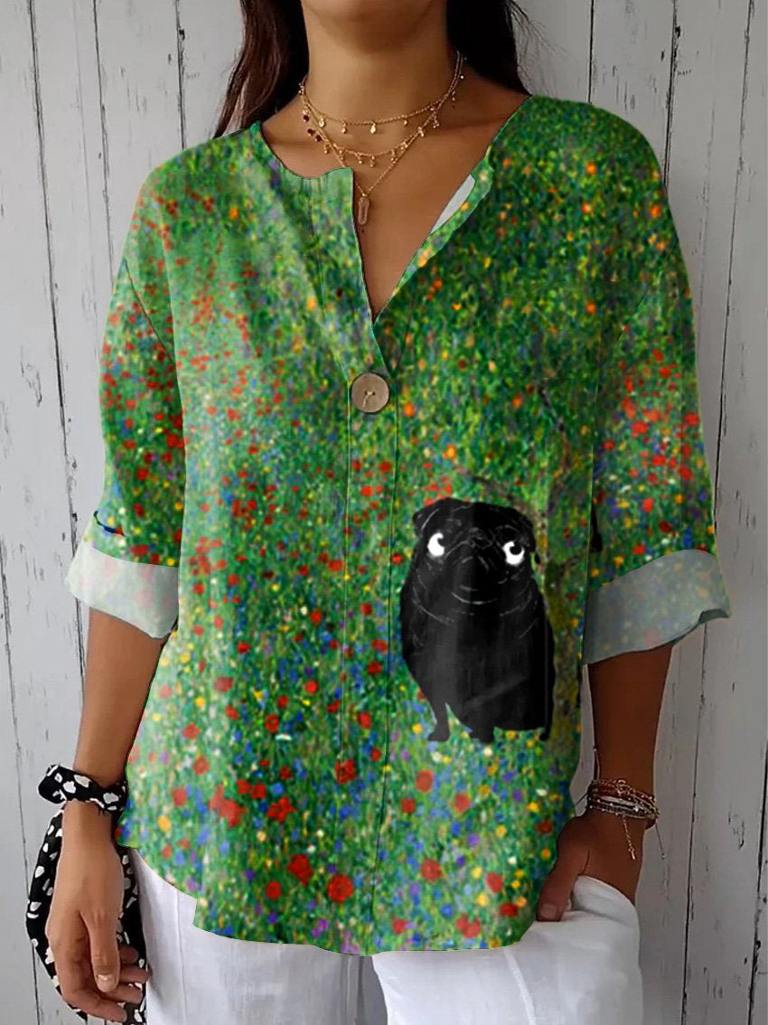 Women's Dog Art Print  Casual Cotton Linen Shirt