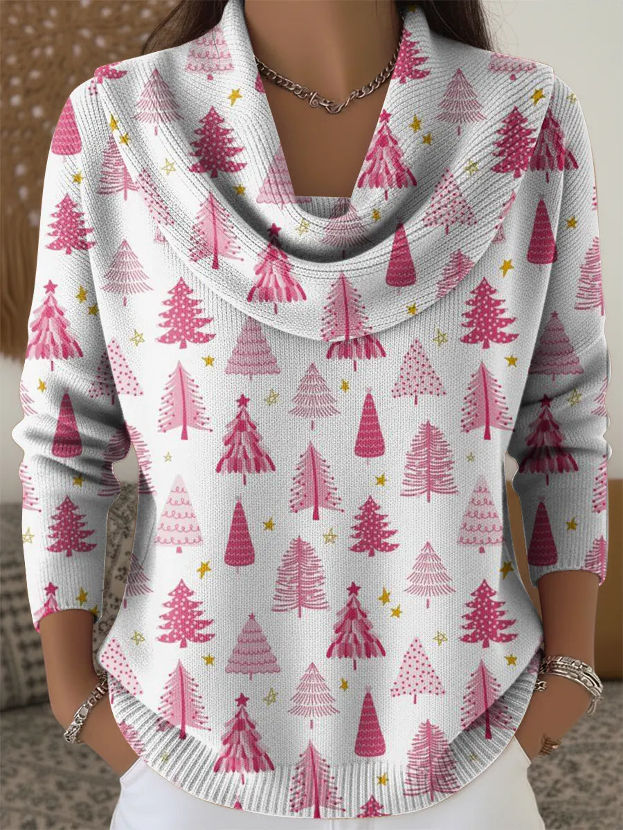 Women's Vintage Christmas-themed Pink Print Cowl Neck Sweater