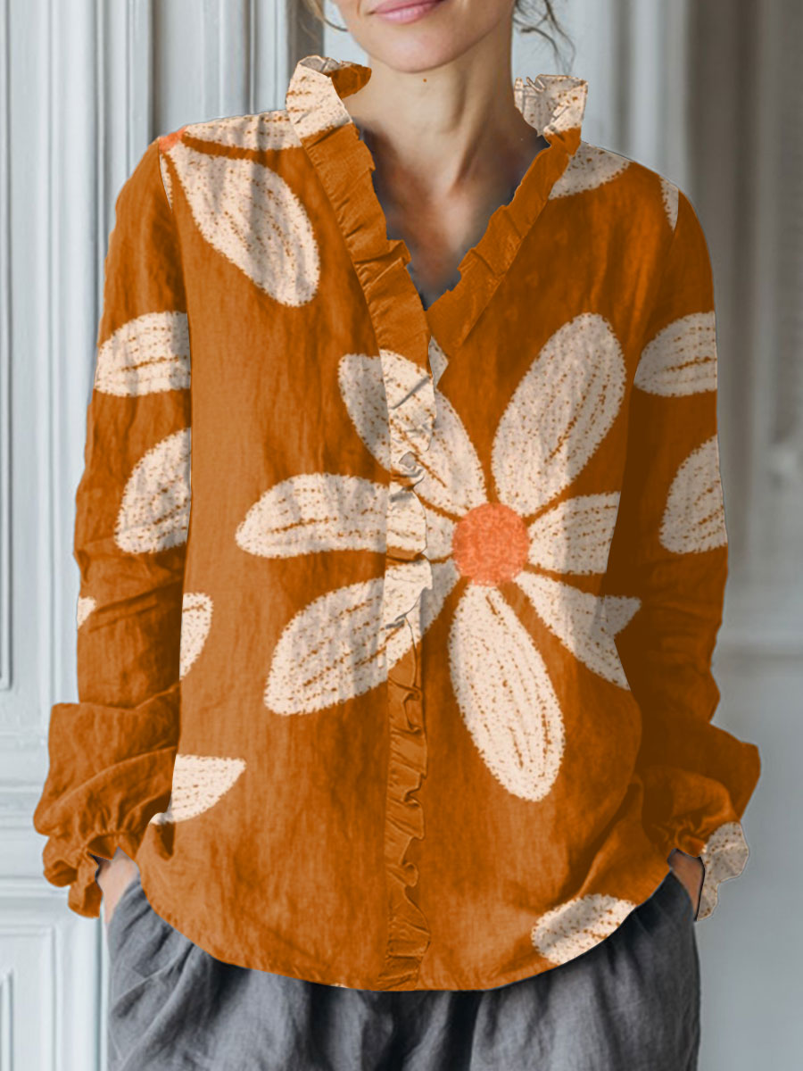 Women's Vintage Flower Art Print Casual Cotton And Linen Ruffle Shirt