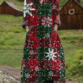 Women's Vintage Christmas Plaid Art Print Pocket V-neck Cotton Dress