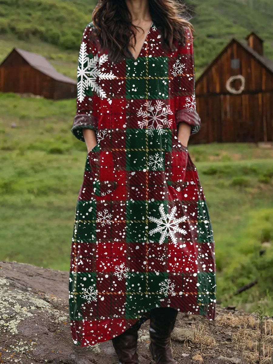 Women's Vintage Christmas Plaid Art Print Pocket V-neck Cotton Dress