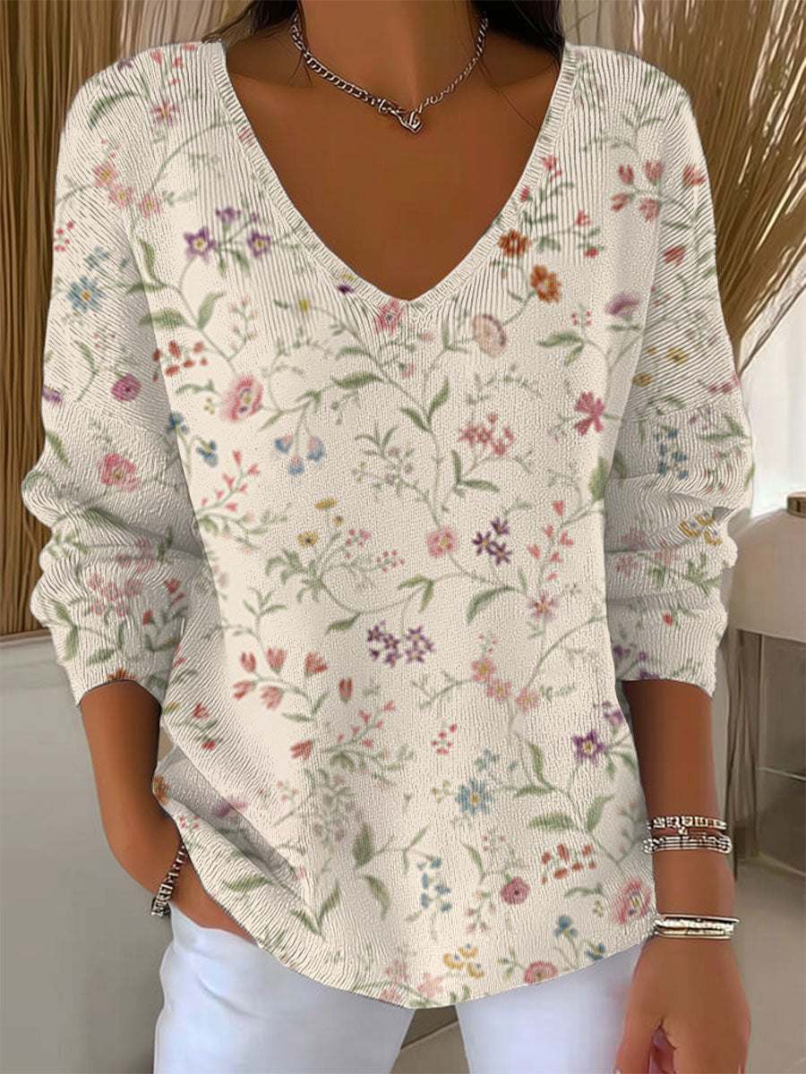 Women's  Vintage Flower Art Print Casual Pullover Sweater
