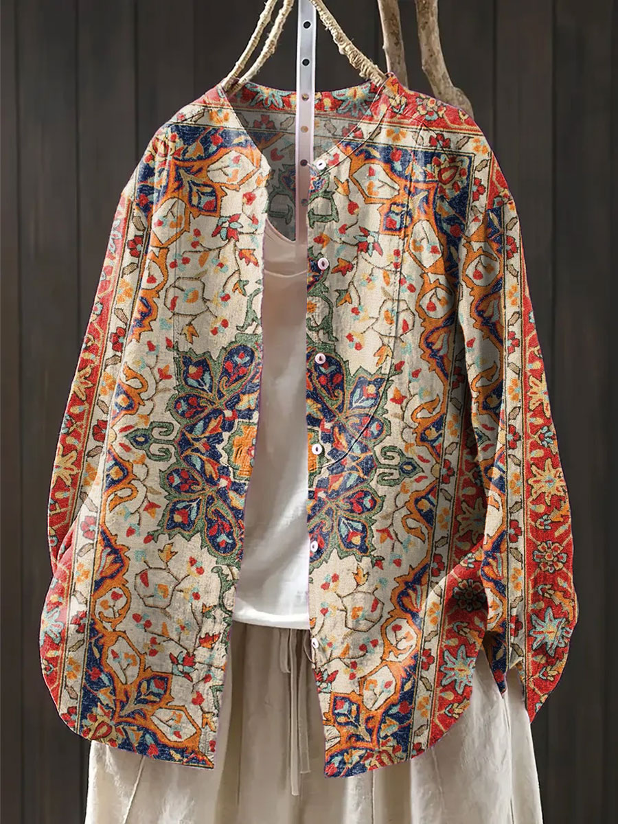 Women's Vintage Flower Art Print Casual Cotton And Linen Shirt