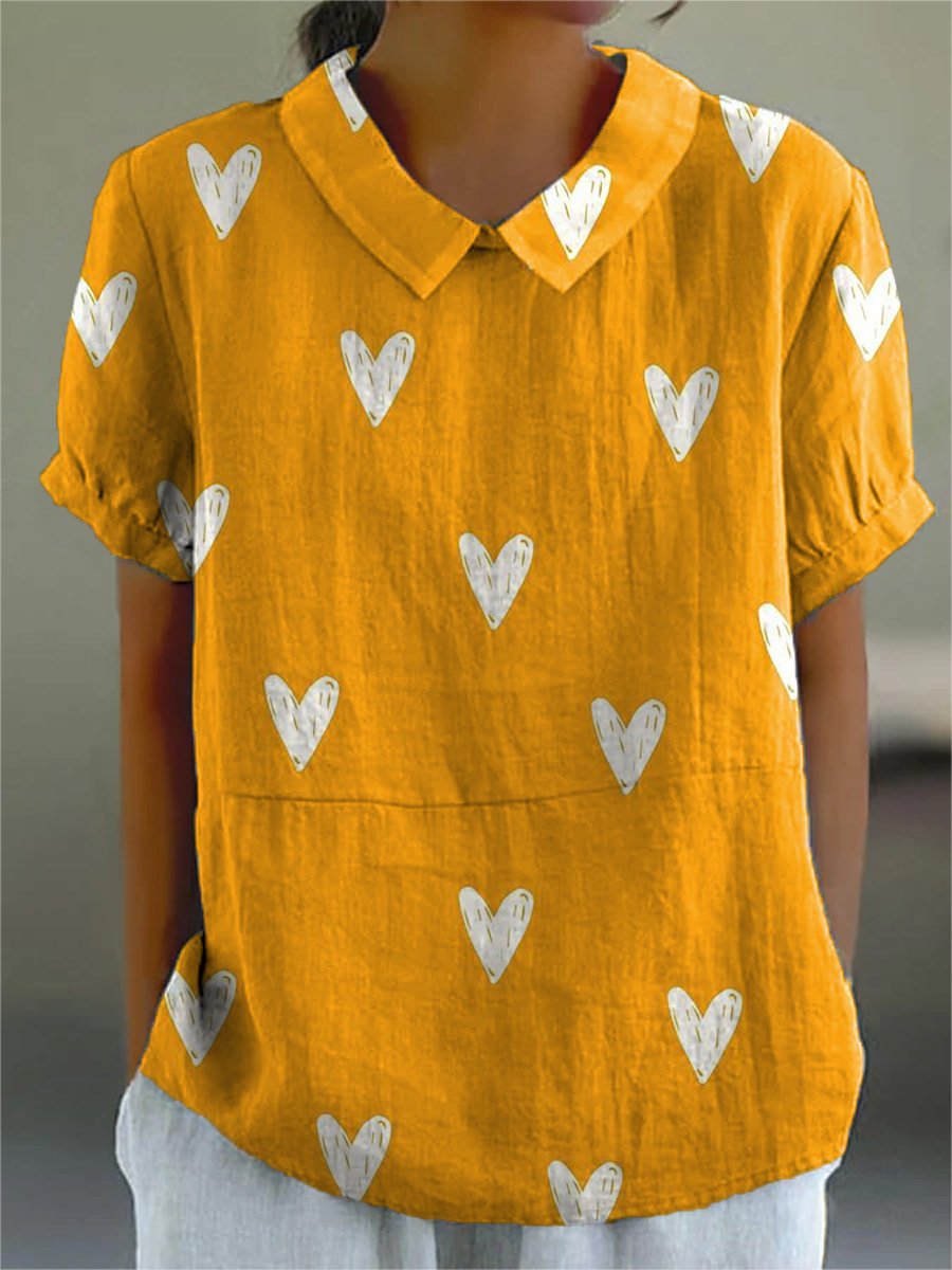 Lovely Hearts Repeat Pattern Printed Women's Casual Cotton And Linen Shirt