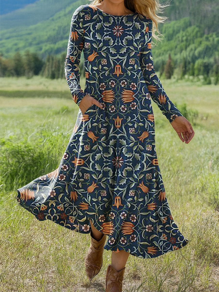 Women's Vintage Flower Art Print Long-sleeved Dress