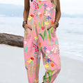 Women's  Vintage Flowers Art Print Casual 100% Cotton Wide Leg Jumpsuit