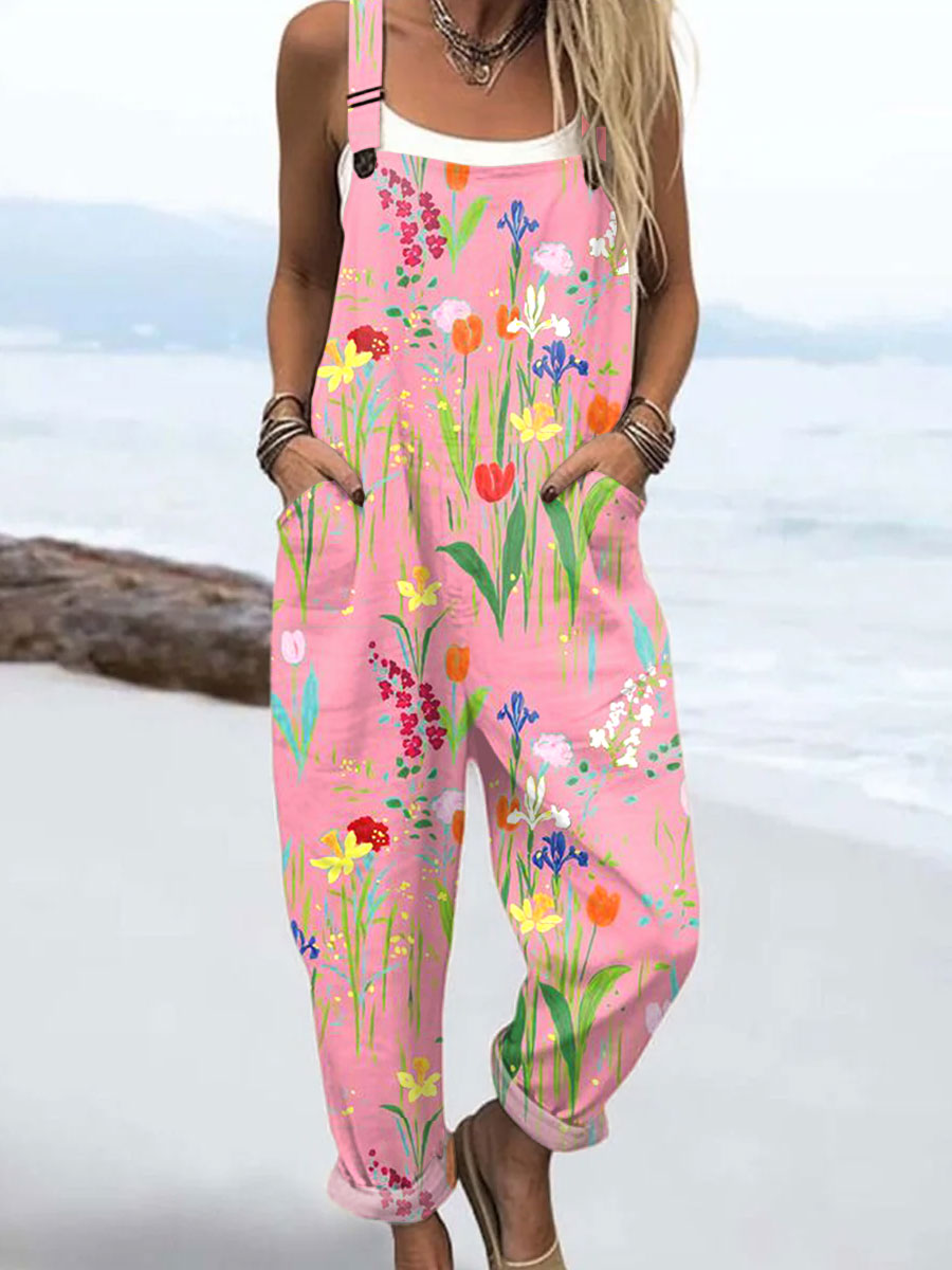Women's  Vintage Flowers Art Print Casual 100% Cotton Wide Leg Jumpsuit