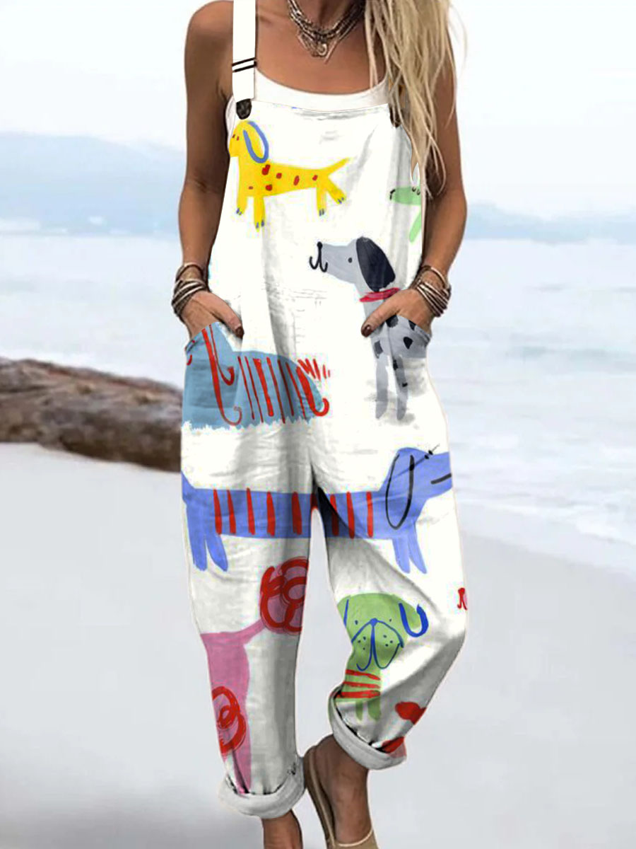 Women's Lovely Dogs Art Print Casual 100% Cotton Wide Leg Jumpsuit