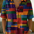 Women's Retro Color-block Printed Cotton-linen Short-sleeve Shirt