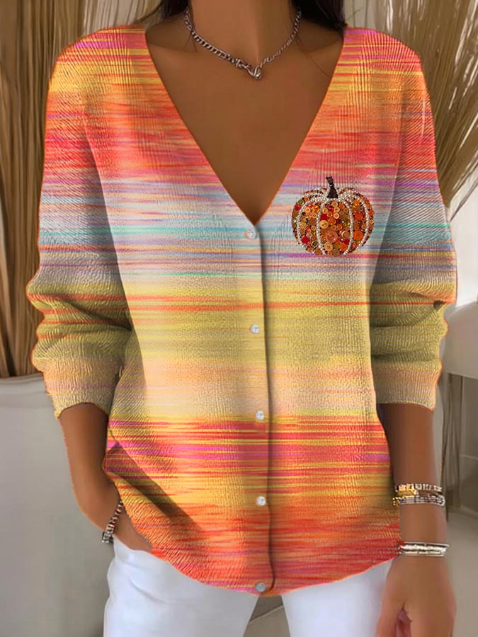 autumn-gradient-striped-vintage-pumpkin-art-print-buttoned-v-neck-cardigan-sweater
