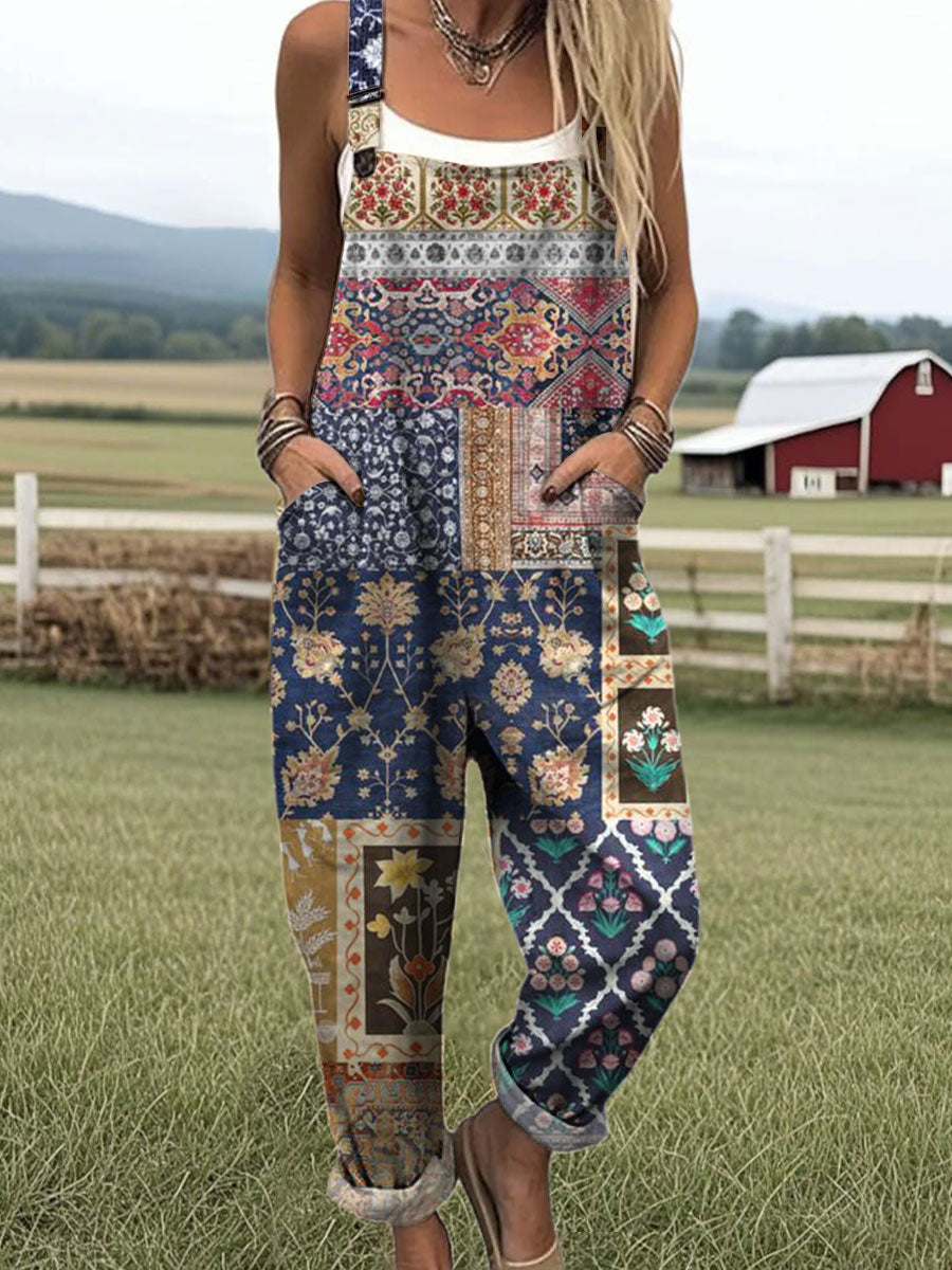 Women's  Vintage  Splicing Flower Art Print Casual 100% Cotton Wide Leg Jumpsuit