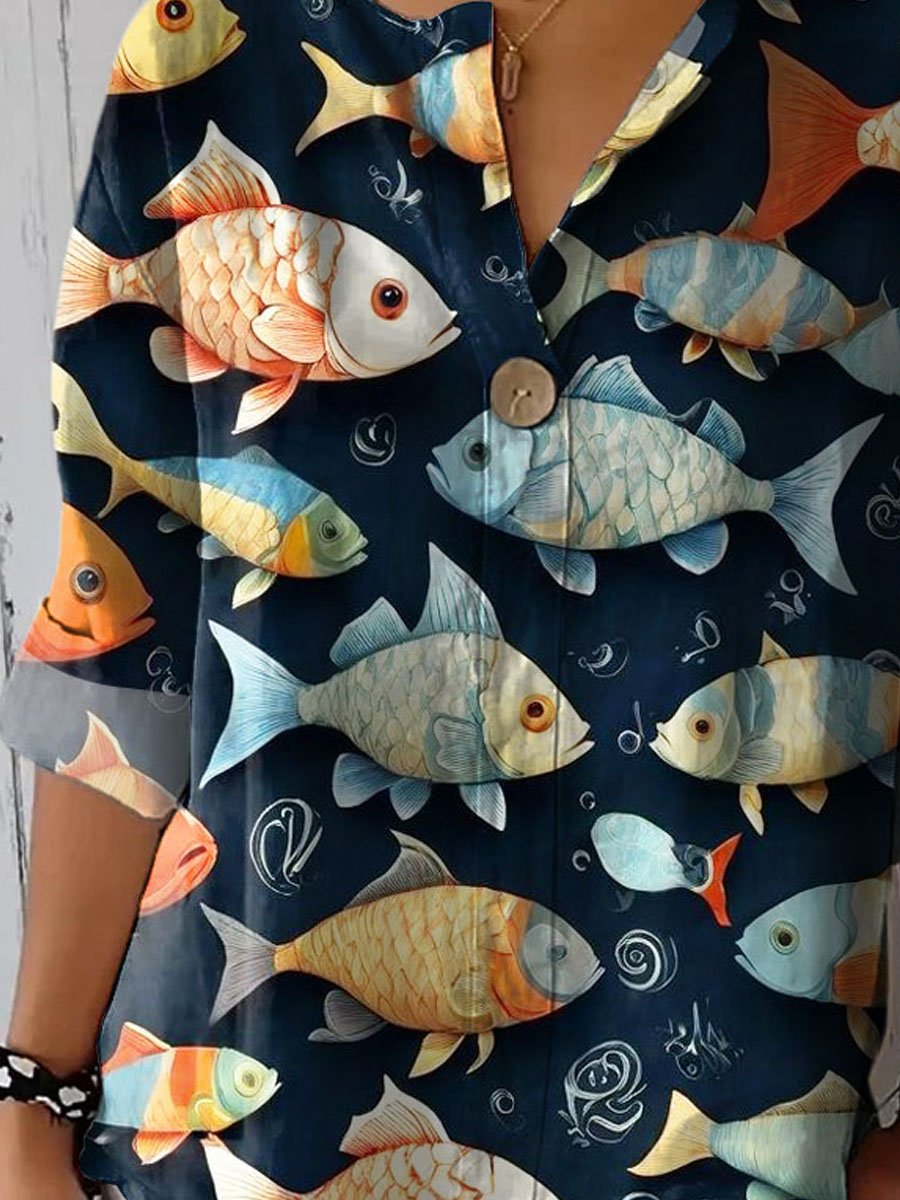 Women's Vintage Lovely Fish Art Print Casual Cotton Linen Shirt
