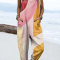 Women's Colourful Art Ink Texture Patchwork Geometry Print Casual 100% Cotton Wide Leg Jumpsuit