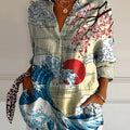 Japanese Ukiyo-e Style Sea Wave Art Printed Women's Casual Cotton Shirt