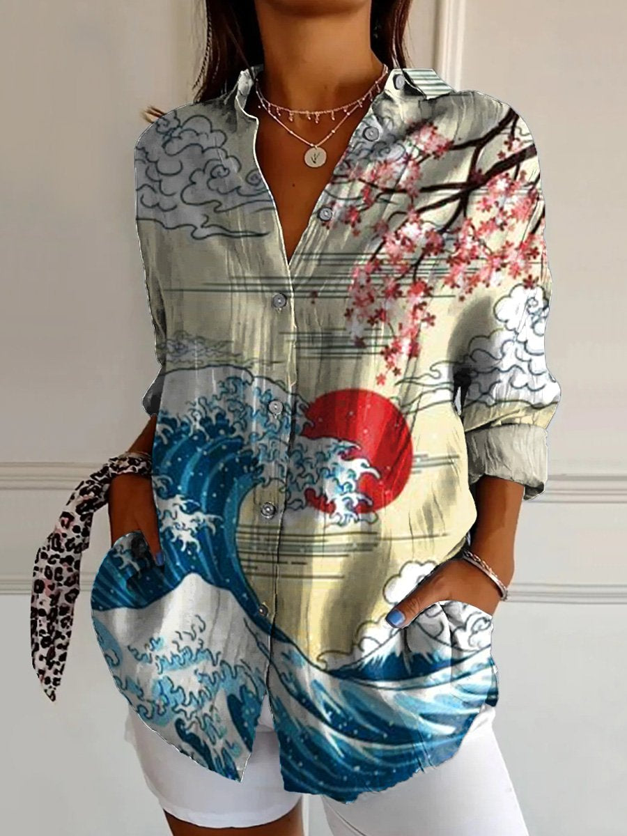 Japanese Ukiyo-e Style Sea Wave Art Printed Women's Casual Cotton Shirt
