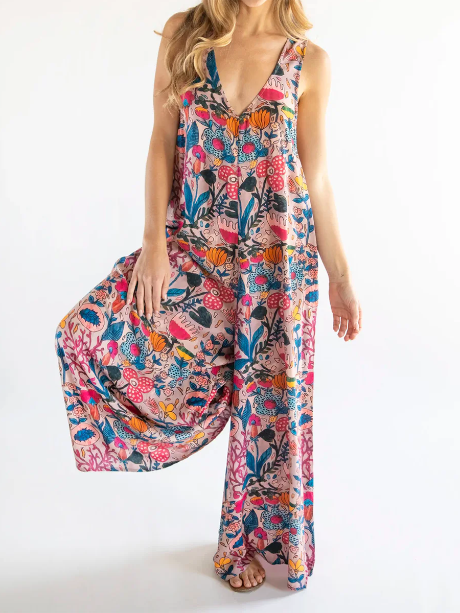 Floral Print Cotton Loose-fitting Jumpsuit
