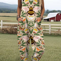 Women's Vintage Symmetrical Flowers Bees  Art Print Casual 100% Cotton Wide Leg Jumpsuit