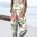 Women's Vintage Art Flower Print Casual 100% Cotton Wide Leg Jumpsuit